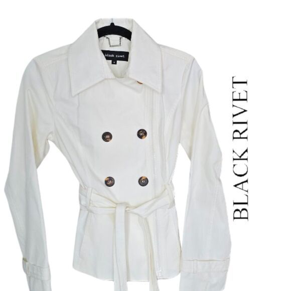 Black Rivet Asymmetrical Button Double Breasted White Belted Jacket Women's M - Picture 1 of 5